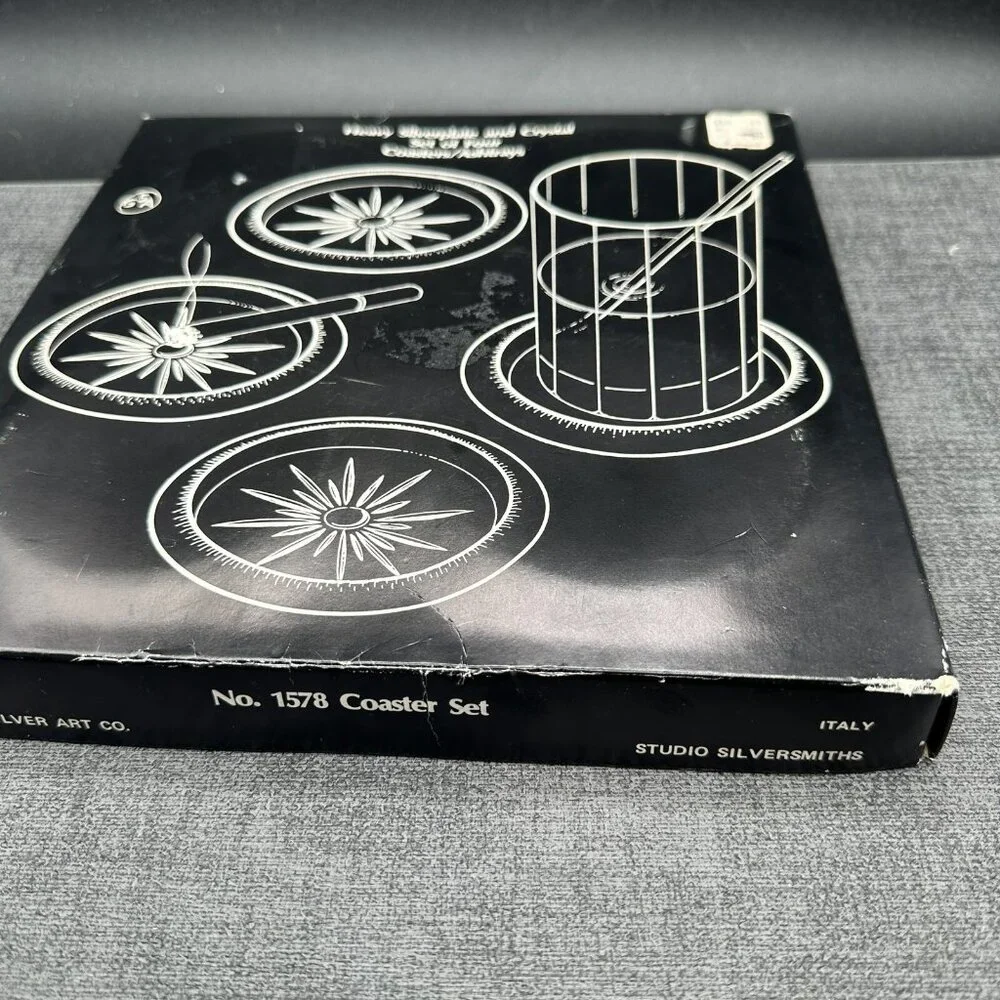 Vtg Godinger Silver Plated Crystal Coasters Starburst Pattern Italy NOS Boxed